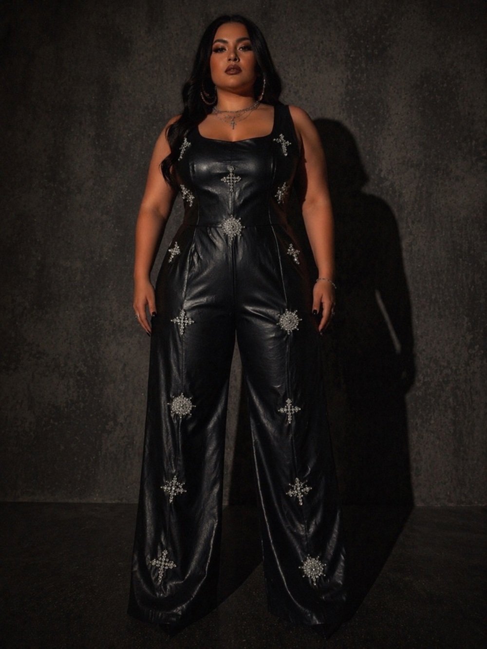 Fashion Nova Gothic Faux Leather Jumpsuit 1X Crystal Cross Embellished Wide Leg